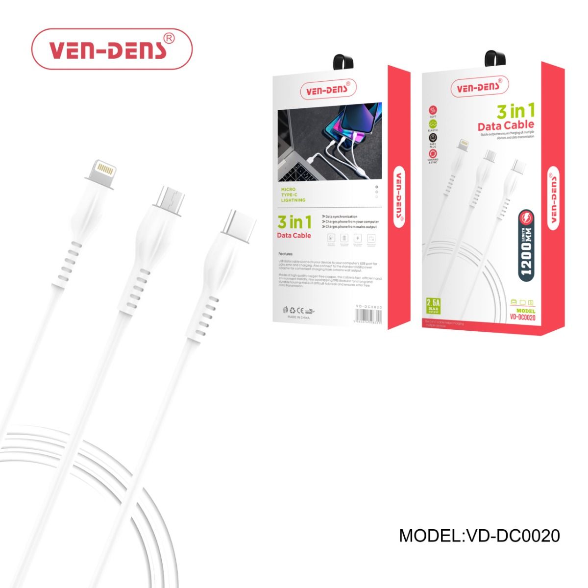 Ven-Dens VD-DC0020 3 In 1 USB to Type C Lightning and Micro Charging Cable 2.5A 1.2M